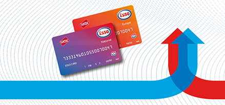 A red and blue arrow are interlocked with purple and orange Esso Cards on patterned background