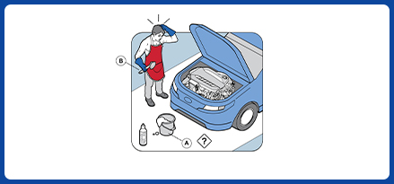 Illustration of person scratching their head, looking at an engine.