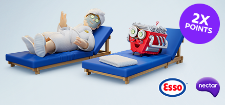 Animated visual of man and a red engine lounging at a spa